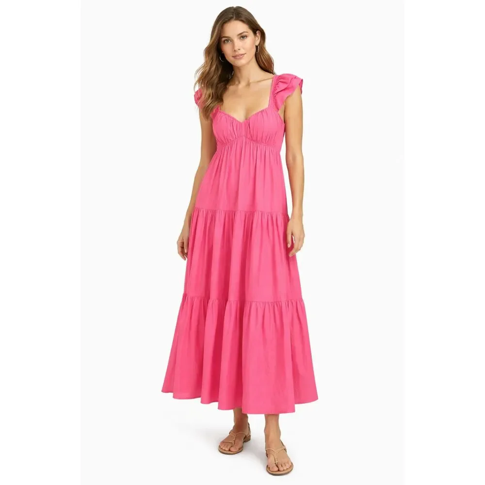 ABERCROMBIE & FITCH Tiered Flutter Sleeve Maxi Dress Pink Medium